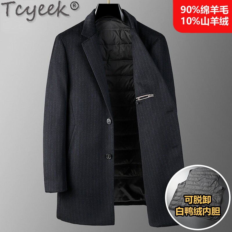 Tcyek 남성용 두꺼운 95% 화이트 덕 다운 라이너, 90% 울 재킷, 중간 길이 줄무늬 코트, 블랙 캐주얼 캐시미어 코트, 가을 겨울